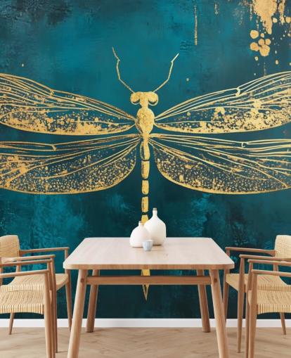 mural de papel de parede de libélula personalizável em ouro e verde-azulado chamado Gold Dragonfly para quartos