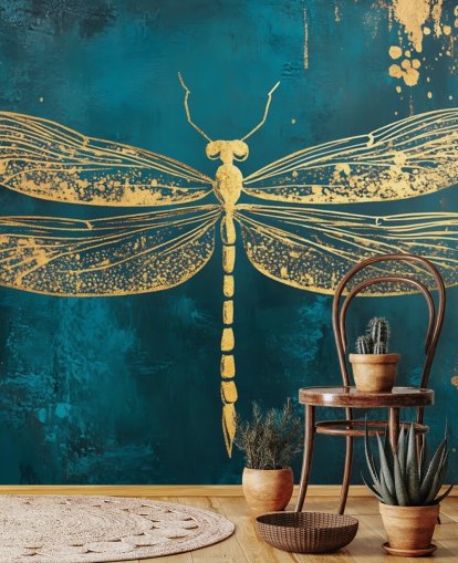 gold and teal customizable dragonfly wallpaper mural called Gold Dragonfly for bedrooms