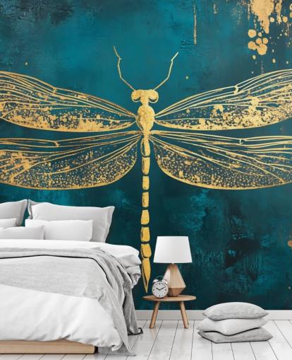 goudkleurige en blauwgroene aanpasbare libelle behangmuurschildering genaamd Gold Dragonfly voor slaapkamers goudkleurige en blauwgroene aanpasbare libelle behangmuurschildering genaamd Gold Dragonfly voor slaapkamers