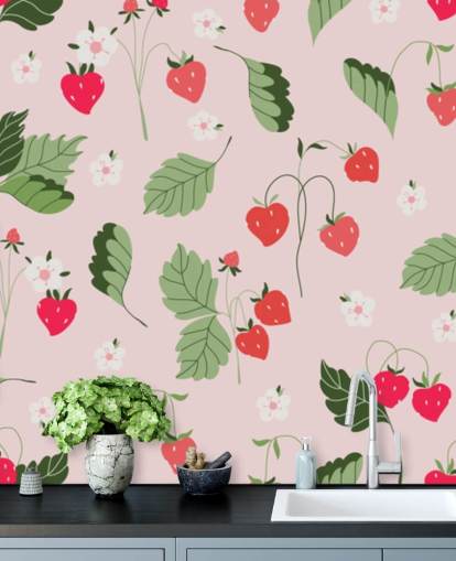 mural de parede de morango personalizado rosa e vermelho chamado Wild Strawberries para cozinhas e creches