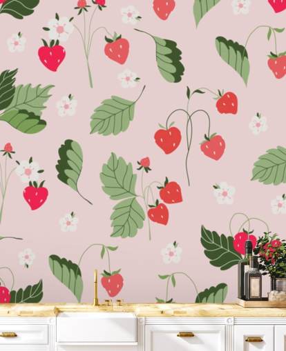 rosafarbenes und rotes maßgeschneidertes Erdbeer-Wandbild namens Wilde Erdbeeren für Küchen und Kindergärten