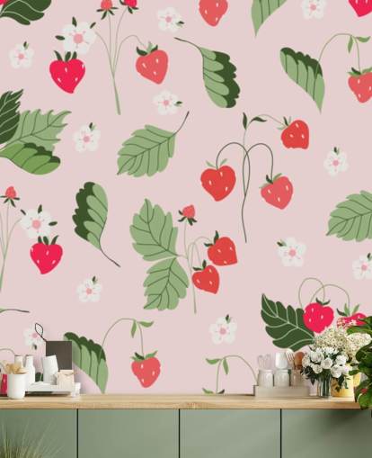 murale personalizzato con fragole rosa e rosse chiamato Wild Strawberries per cucine e asili nido