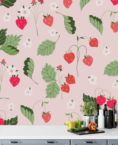 roze en rode op maat gemaakte aardbeienmuurschildering genaamd Wild Strawberries voor keukens en kinderdagverblijven
