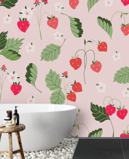 mural de parede de morango personalizado rosa e vermelho chamado Wild Strawberries para cozinhas e creches