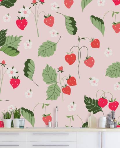 murale personalizzato con fragole rosa e rosse chiamato Wild Strawberries per cucine e asili nido murale personalizzato con fragole rosa e rosse chiamato Wild Strawberries per cucine e asili nido