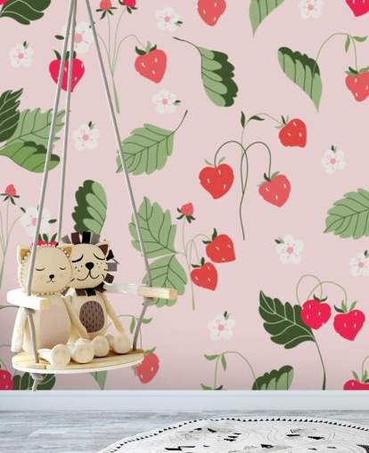 rosafarbenes und rotes maßgeschneidertes Erdbeer-Wandbild namens Wilde Erdbeeren für Küchen und Kindergärten