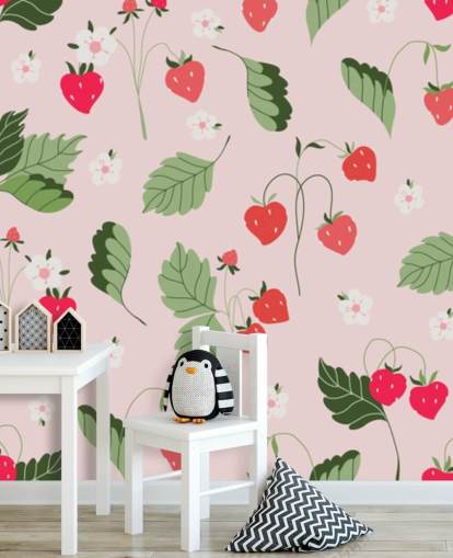 pink and red custom strawberry wall mural called Wild Strawberries for kitchens and nurseries