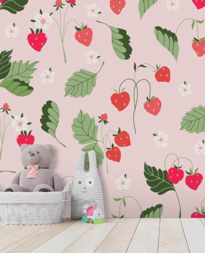lyserødt og rødt brugerdefineret jordbær vægmaleri kaldet Wild Strawberries til køkkener og planteskoler