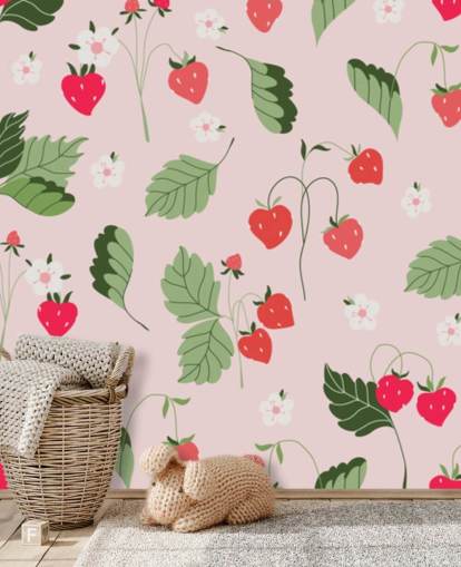 lyserødt og rødt brugerdefineret jordbær vægmaleri kaldet Wild Strawberries til køkkener og planteskoler