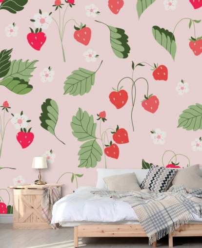 pink and red custom strawberry wall mural called Wild Strawberries for kitchens and nurseries