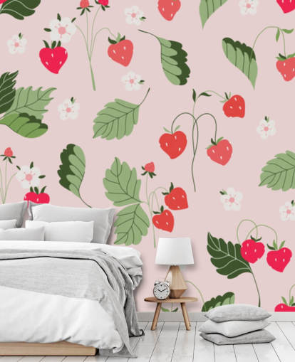 mural de parede de morango personalizado rosa e vermelho chamado Wild Strawberries para cozinhas e creches