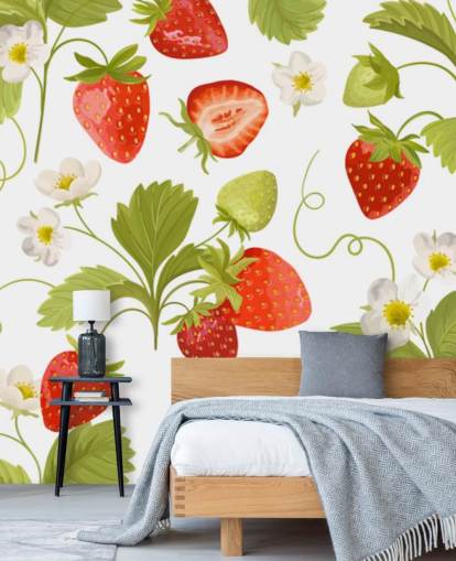 rode, witte en groene aanpasbare keukenbehangmuurschildering genaamd Growing Strawberries