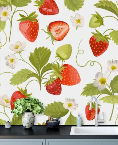 mural de papel pintado de cocina personalizable rojo, blanco y verde llamado Growing Strawberries mural de papel pintado de cocina personalizable rojo, blanco y verde llamado Growing Strawberries