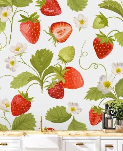 punainen, valkoinen ja vihreä muokattava keittiön taustakuvamaalaus nimeltä Growing Strawberries punainen, valkoinen ja vihreä muokattava keittiön taustakuvamaalaus nimeltä Growing Strawberries