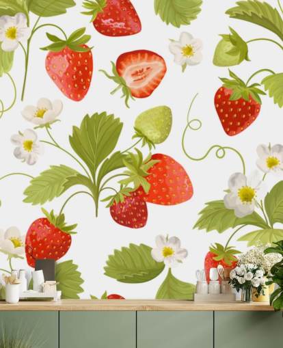 röd, vit och grön anpassningsbar kökstapetväggmålning kallad Growing Strawberries