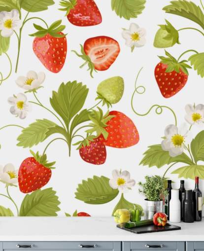 mural de papel pintado de cocina personalizable rojo, blanco y verde llamado Growing Strawberries