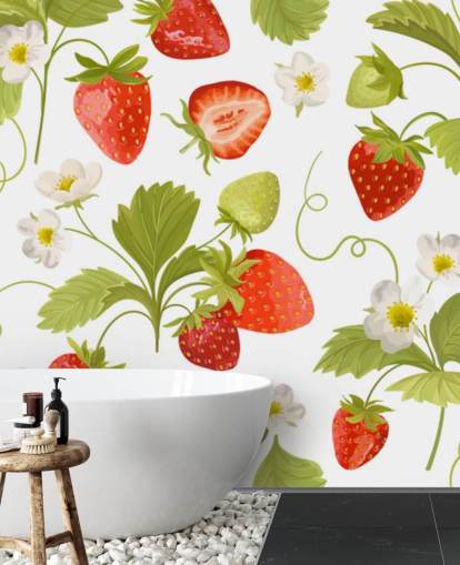 punainen, valkoinen ja vihreä muokattava keittiön taustakuvamaalaus nimeltä Growing Strawberries punainen, valkoinen ja vihreä muokattava keittiön taustakuvamaalaus nimeltä Growing Strawberries