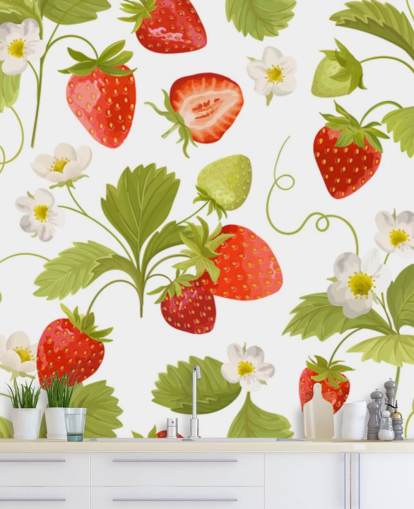 röd, vit och grön anpassningsbar kökstapetväggmålning kallad Growing Strawberries