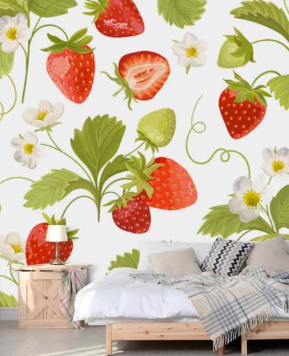 rødt, hvitt og grønt tilpassbart kjøkkentapet veggmaleri kalt Growing Strawberries