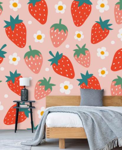 mural de papel de parede de morango personalizável rosa e vermelho chamado Summer Strawberry para cozinhas e quartos infantis