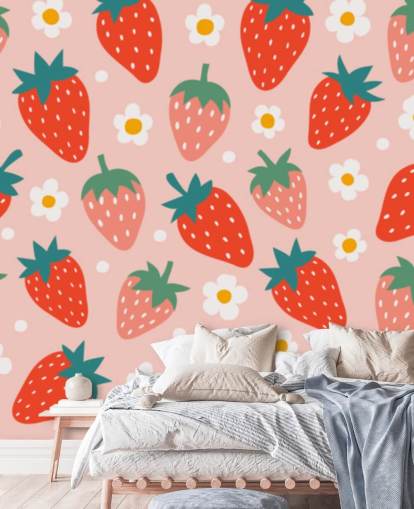 pink and red customizable strawberry wallpaper mural called Summer Strawberry for kitchens and kids rooms