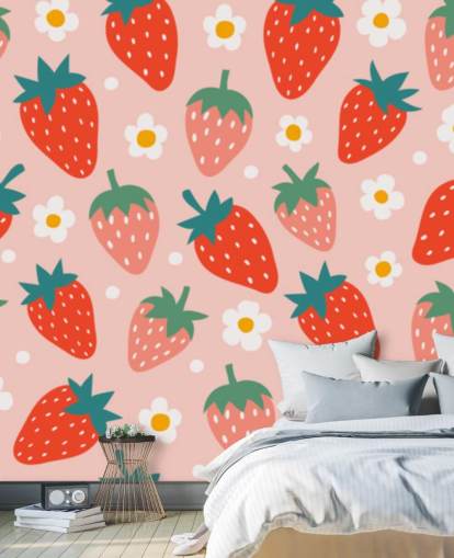 mural de papel pintado de fresa personalizable rosa y rojo llamado Summer Strawberry para cocinas y habitaciones de niños
