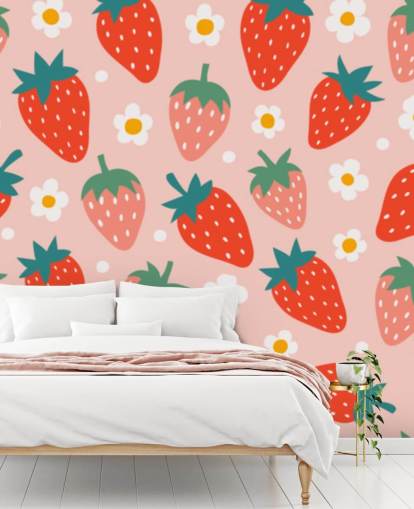 pink and red customizable strawberry wallpaper mural called Summer Strawberry for kitchens and kids rooms