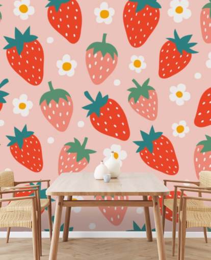mural de papel pintado de fresa personalizable rosa y rojo llamado Summer Strawberry para cocinas y habitaciones de niños