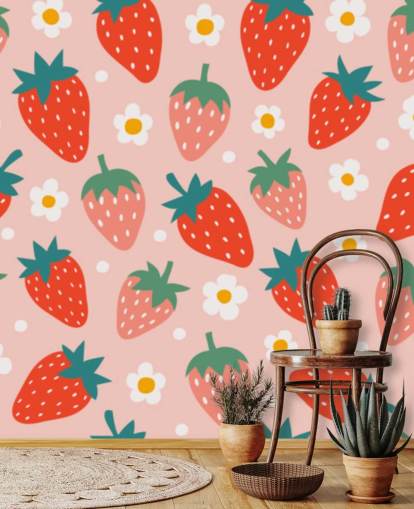 pink and red customisable strawberry wallpaper mural called Summer Strawberry for kitchens and kids rooms