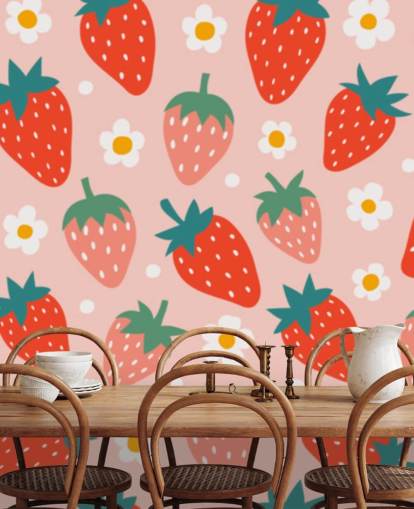 roze en rode aanpasbare aardbeienbehangmuurschildering genaamd Summer Strawberry voor keukens en kinderkamers