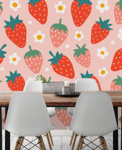 pink and red customisable strawberry wallpaper mural called Summer Strawberry for kitchens and kids rooms pink and red customisable strawberry wallpaper mural called Summer Strawberry for kitchens and kids rooms