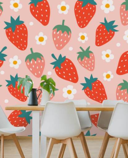 pink and red customisable strawberry wallpaper mural called Summer Strawberry for kitchens and kids rooms