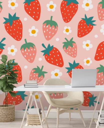 pink and red customisable strawberry wallpaper mural called Summer Strawberry for kitchens and kids rooms