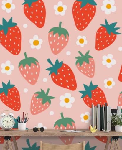 mural de papel pintado de fresa personalizable rosa y rojo llamado Summer Strawberry para cocinas y habitaciones de niños