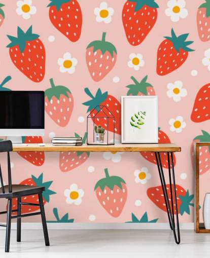 pink and red customisable strawberry wallpaper mural called Summer Strawberry for kitchens and kids rooms