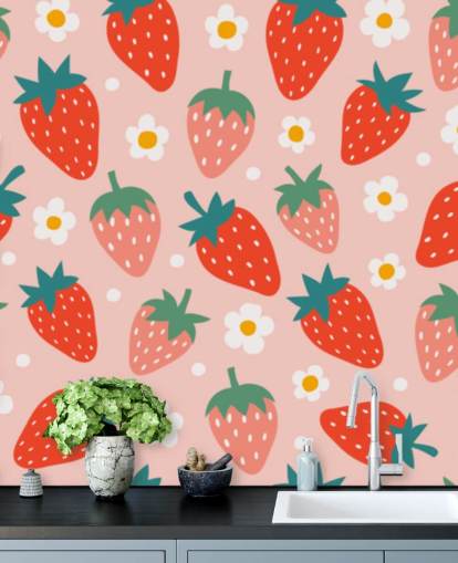 mural de papel pintado de fresa personalizable rosa y rojo llamado Summer Strawberry para cocinas y habitaciones de niños