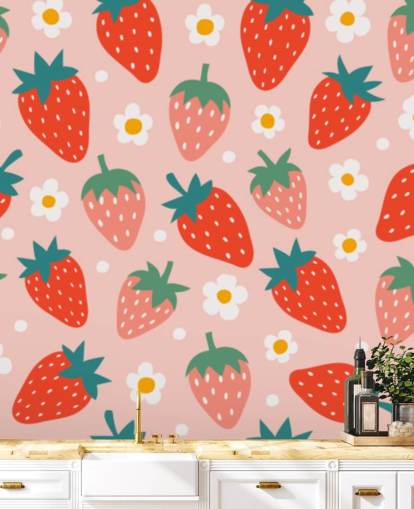roze en rode aanpasbare aardbeienbehangmuurschildering genaamd Summer Strawberry voor keukens en kinderkamers