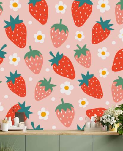 mural de papel pintado de fresa personalizable rosa y rojo llamado Summer Strawberry para cocinas y habitaciones de niños