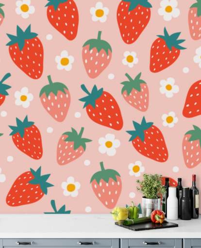 mural de papel pintado de fresa personalizable rosa y rojo llamado Summer Strawberry para cocinas y habitaciones de niños