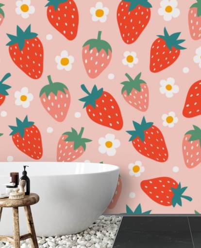 mural de papel de parede de morango personalizável rosa e vermelho chamado Summer Strawberry para cozinhas e quartos infantis