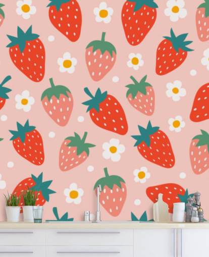 mural de papel de parede de morango personalizável rosa e vermelho chamado Summer Strawberry para cozinhas e quartos infantis