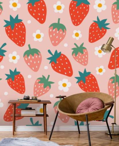 pink and red customisable strawberry wallpaper mural called Summer Strawberry for kitchens and kids rooms