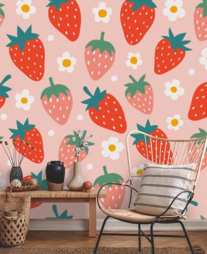 pink and red customisable strawberry wallpaper mural called Summer Strawberry for kitchens and kids rooms