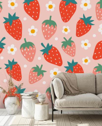 mural de papel pintado de fresa personalizable rosa y rojo llamado Summer Strawberry para cocinas y habitaciones de niños