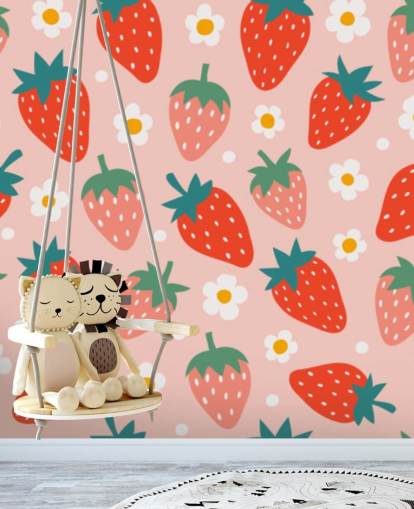 mural de papel pintado de fresa personalizable rosa y rojo llamado Summer Strawberry para cocinas y habitaciones de niños