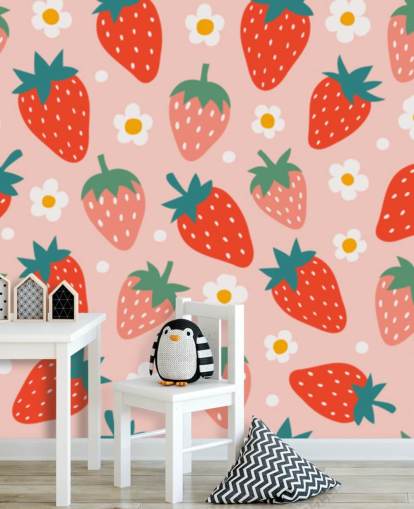pink and red customisable strawberry wallpaper mural called Summer Strawberry for kitchens and kids rooms