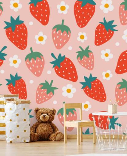 pink and red customisable strawberry wallpaper mural called Summer Strawberry for kitchens and kids rooms