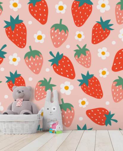pink and red customisable strawberry wallpaper mural called Summer Strawberry for kitchens and kids rooms