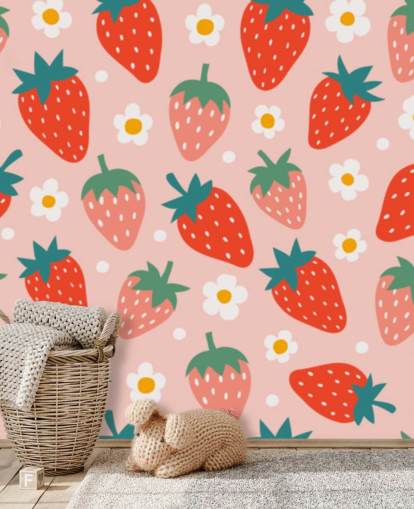 mural de papel de parede de morango personalizável rosa e vermelho chamado Summer Strawberry para cozinhas e quartos infantis