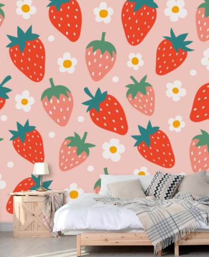 pink and red customisable strawberry wallpaper mural called Summer Strawberry for kitchens and kids rooms
